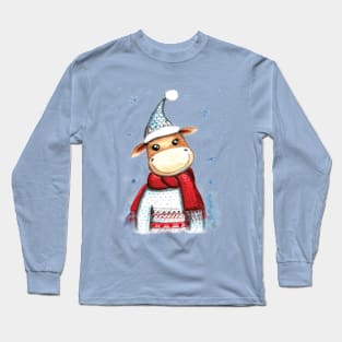 Cute bull in sweater and hat. Christmas watercolor illustration for printing. Long Sleeve T-Shirt